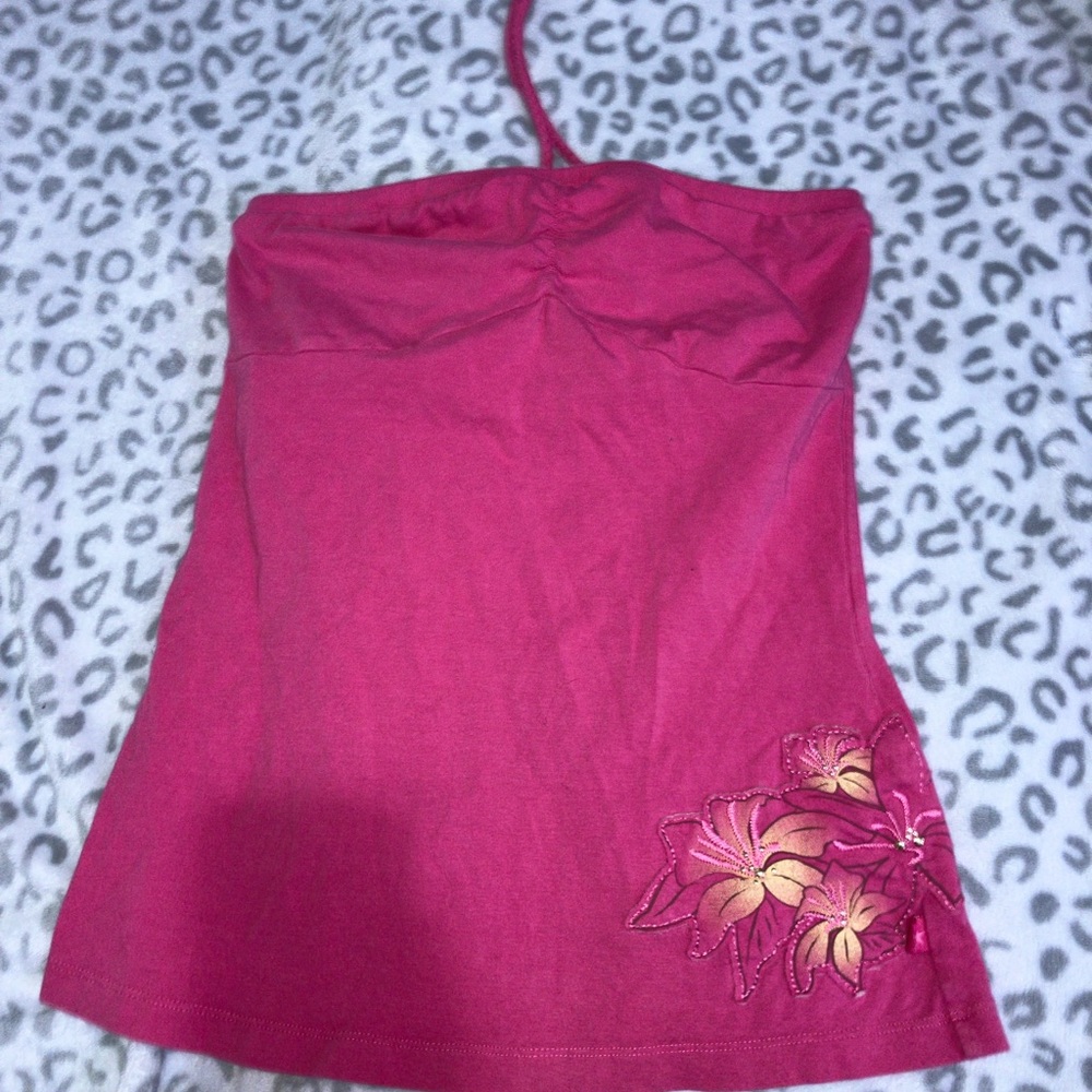 Garage Pink halter top with Floral Embroidery
